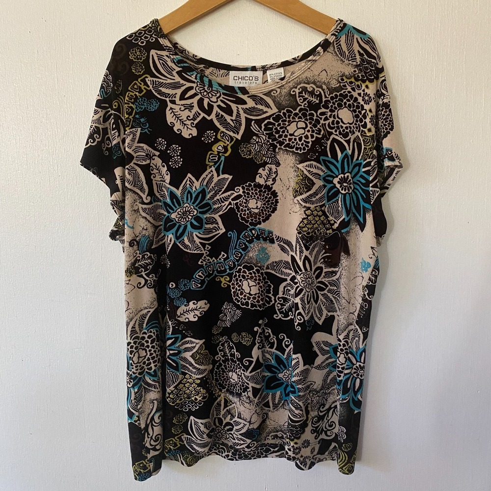 Chico's Travelers Top Womens Large Short Sleeve Slinky Knit Floral Round Neck